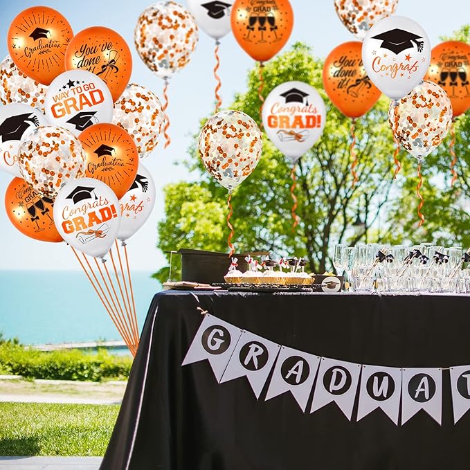 Whaline 60Pcs Graduation Party Balloon Set 7 Designs Orange White Confetti Latex Balloon with 2 Rolls Ribbon Grad Cap Congrats Grad Balloon for Graduation Party Decoration Supplies