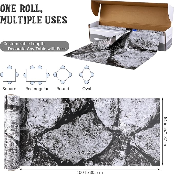 Kochorie 100 Ft X 54 Inch Halloween Stone Wall Tablecloth Roll with Cutter Box Disposable Plastic Stone Table Cover Medieval Party Castle Brick Wall Backdrop for Halloween Birthday Knight Theme Party