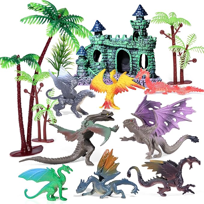 15Pcs Dragon Cake Decorations, Medieval Plastic Dragon Figures with Castle Tree Toys Playset for Kids Birthday Baby Shower Halloween Fantasy Theme Party Supplies