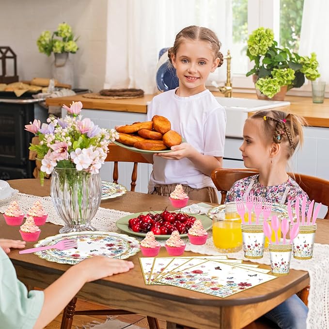 Avezano 168 PCS Wildflower Party Decorations Spring Floral Butterfly Plates Napkin Tableware Set for Girls Wildflower Birthday Baby Shower Supplies, Serves 24