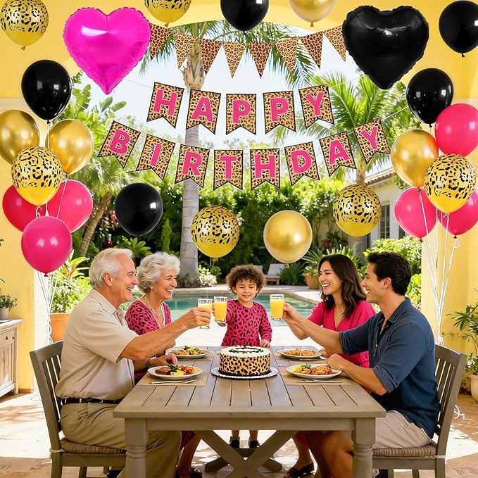 Leopard Print Happy Birthday Decorations, Gold Cheetah Print Animal Balloons Black Gold and Pink Heart Balloon with Birthday Banner for Safari Wild Birthday Baby Shower Jungle Zoo Theme Party Supplies