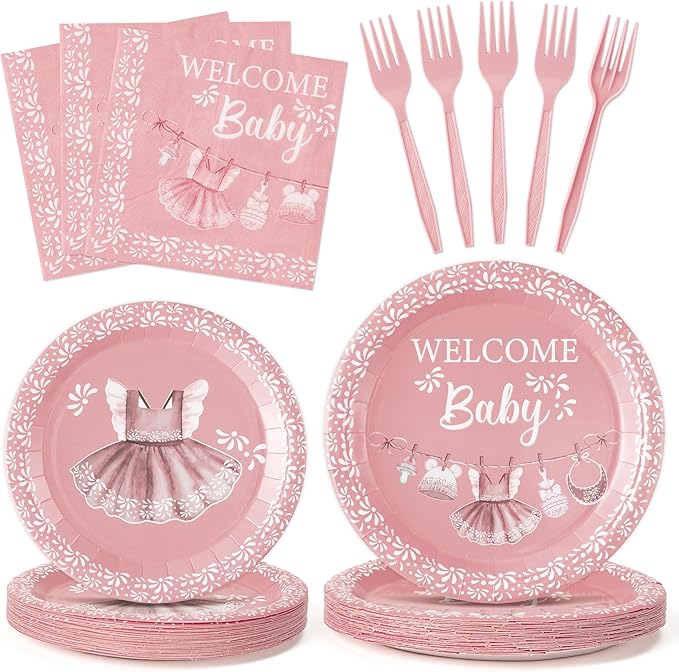 96Pcs Pink Platos De Barro Mexicanos Baby Shower Party Plates Supplies Welcome Baby Cielito Lindo Terracotta Tableware Decorations Disposable Paper Plates Napkins Forks for Birthday, Serves 24