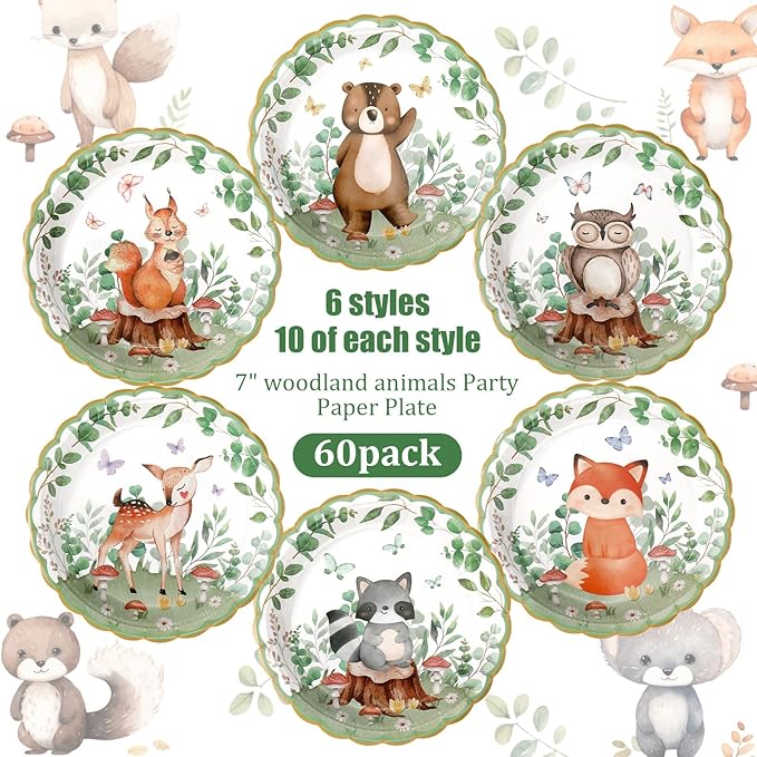 60 Pcs Jungle Safari Baby Shower Plates Paper Boys Girls Woodland Animals Birthday Party Decorations 7 Inch Disposable Zoo Animal Dinnerware Plates for Wedding Jungle Theme Baby Shower Party