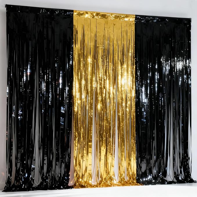 3 Packs Black and Gold Foil Fringe Curtains, Birthday Decorations Backdrop Graduation Tinsel Steamer, Retirement Farewell Engagement Wedding Bridal Shower Party Decorations