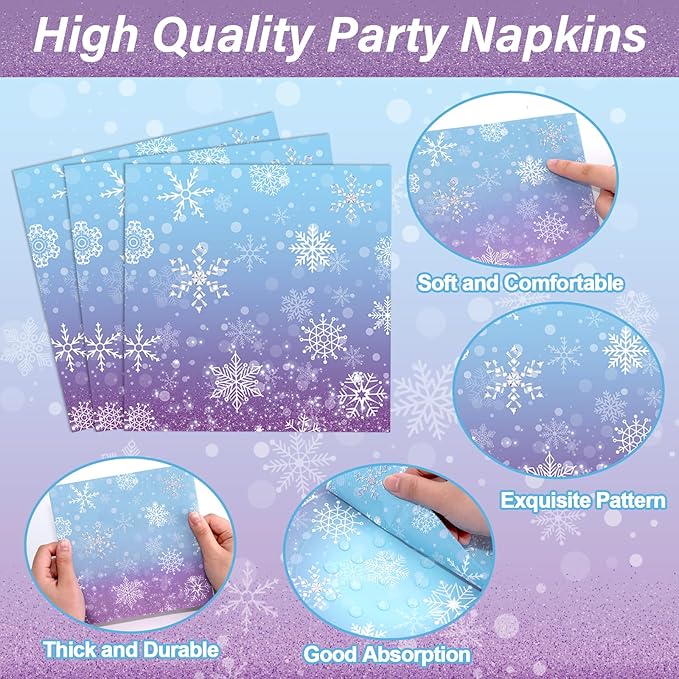 96 Pcs Winter Snowflake Paper Plates and Napkins Blue Purple Snowflake Disposable Tableware Winter Wonderland Dinnerware for Christmas New Year Birthday Party Decor Supplies