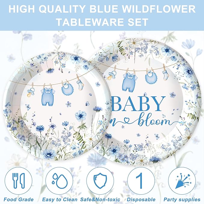 120PCS Boy Baby Shower Party Supplies Baby in Bloom Party Decorations Spring Wild Flower Pregnancy Announcement Tableware Set Dessert Plates Napkins Cups Set for 20 Guests
