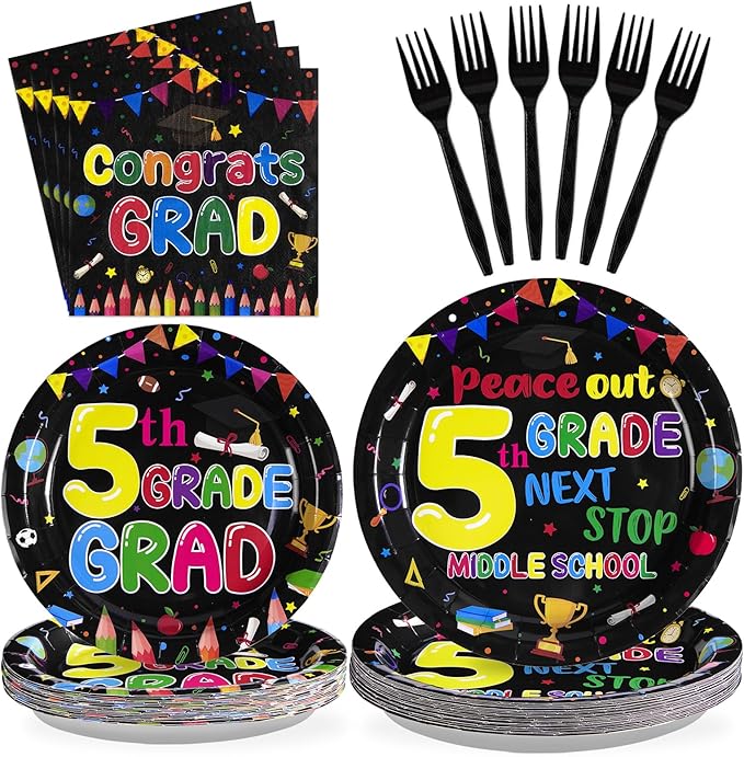96Pcs 5th Grade Graduation Party Supplies 2025 Fifth Graduation Plates and Napkins Sets Peace Out 5th Grade Next Stop Middle School Decorations Favors for Classroom Congrats Grad Party Serves 24 ﻿