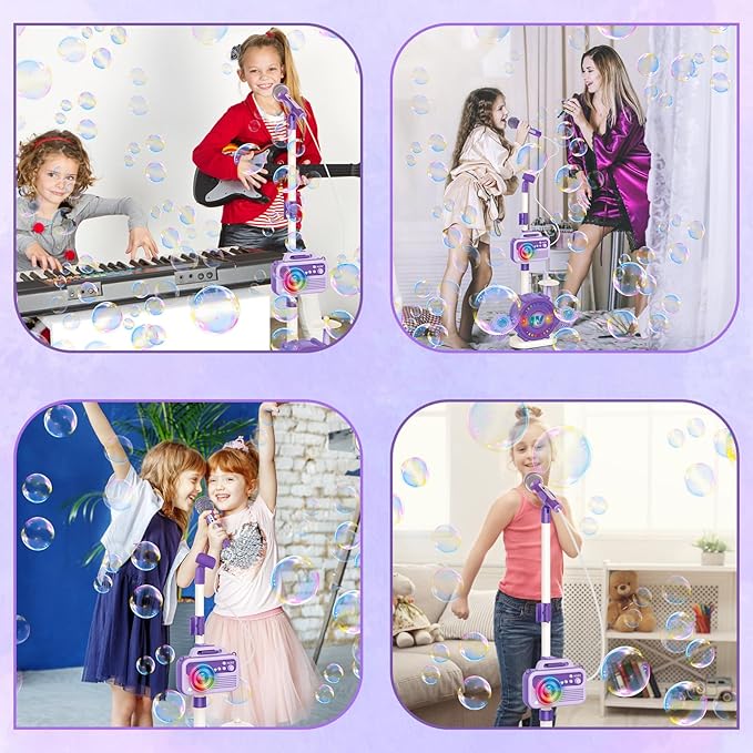 Bluetooth Kids Karaoke Microphone with Adjustable Stand, Karaoke Machine for Kids with Bubble Maker，Vioce Changer, Colorful Lights - Microphones for Singing Christmas, Birthday Gifts for Girls