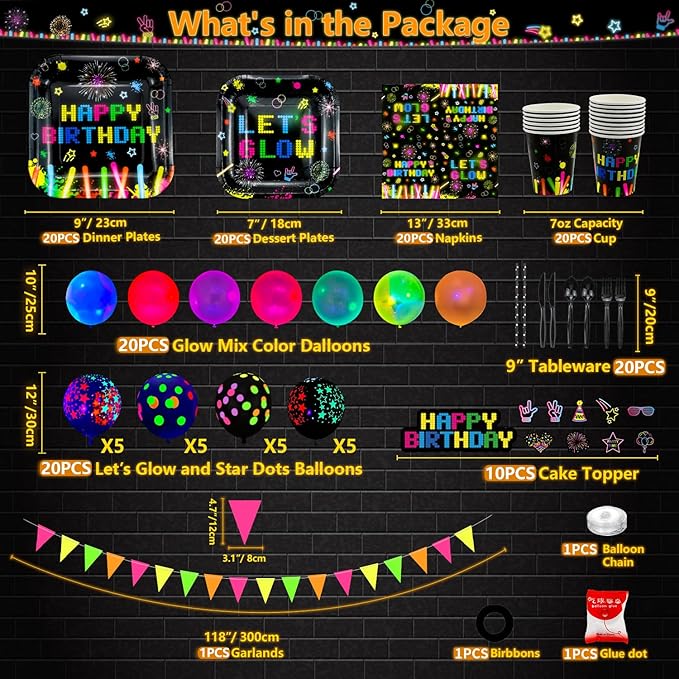 218 Pack Glow Neon Party Supplies Neon Glow Plate Set Neon Balloon Glow in the Dark Happy Birthday Backdrop Glow Birthday Blacklight Party Decoration Neon Glow Banner Set Serves 20