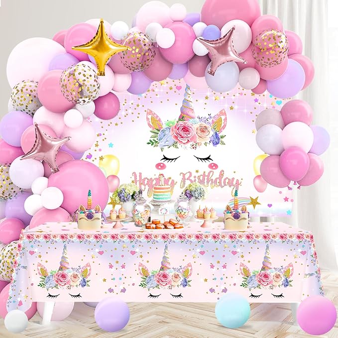 Unicorn Birthday Decorations for Girls,118pcs Unicorn Theme Party Decorations with Balloon Garland Arch Kit Backdrop and Tablecloth for Girls Women Birthday Party Supplies(Pink)