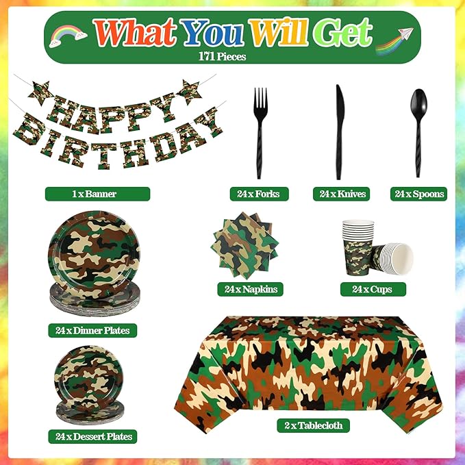 Rtteri 171 Pcs Camo Birthday Party Supplies Serves 24 Camouflage Themed Party Supplies Set with Camo Tablecloth Plates Napkins Cups Tableware Banner for Army Military Birthday Decorations