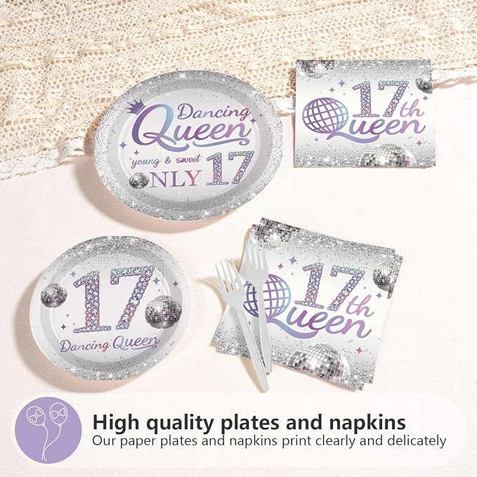 Grencian 96 Pcs Dancing Queen 17th Birthday Party Supplies Dancing Queen 17th Paper Plates and Napkins Disposable Silver Disco Party Tableware Set for Girls 17 Year Old Birthday Decorations Serves 24