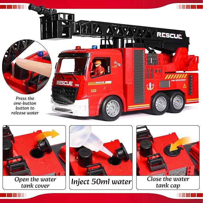 Remote Control Fire Truck Toy - Fireman Fire Truck with Jet Pump and Lights, Red Toy for 3 Year Old Boys, Girls and Toddlers