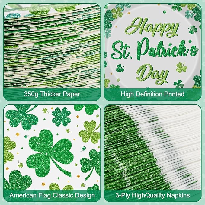 150 Pcs Happy St Patricks Day Plates and Napkins Set - Disposable St. Patrick's Day Tableware kit, Green Shamrock Paper Dinner Dessert Plates Dinnerware for St Patrick Day Party Decorations, Serve 50