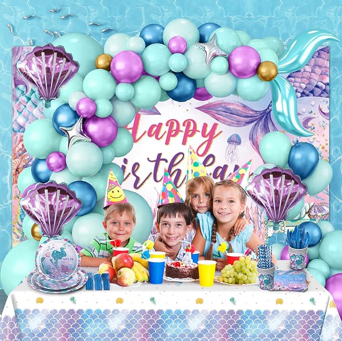 308Pcs Mermaid Birthday Party Decorations Set, Serves 24 Includes Plates, Napkin, Fork, Cup, Tablecloth, Banner, Backdrop, Tattoo, Mermaid Foil Balloons Arch for Party Supplies