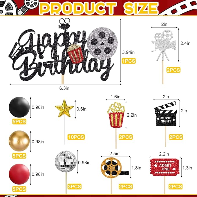 39Pcs Movie Cake Topper Theater Cake Decorations for Movie Themed Birthday Party Supplies