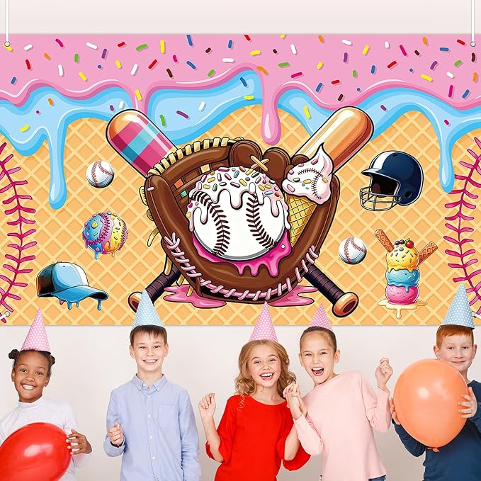 Ice Cream Drip Baseball Party Decoration Baseball Ice Cream Theme Banner Sport Party Hanging Photo Booth Supplies Sport Birthday Parties Background banner for Kids Teenager Holiday Christmas Supplies