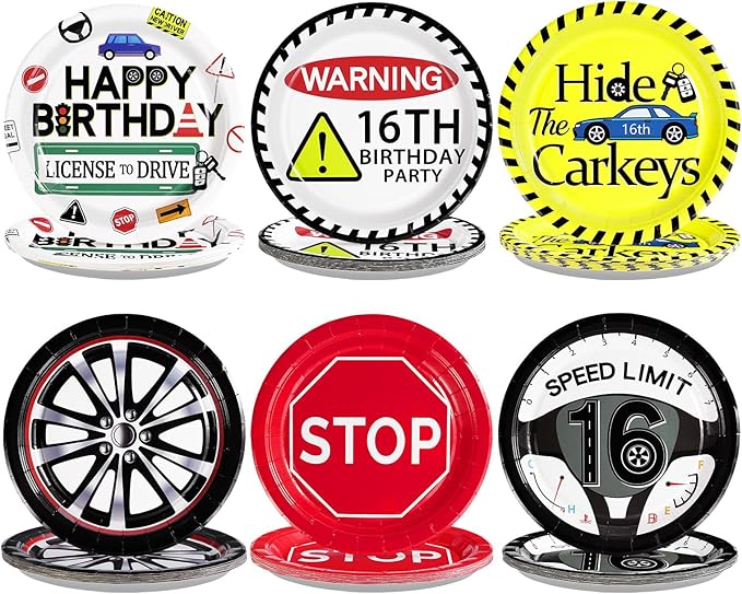 Grencian 60Pcs Drivers License 16th Birthday Paper Plates 9" Large Heavy Duty Car Themed Road Platters Colors New Driver Dessert Plates for Boys Teens 16 Years Old Birthday Cars Party Decorations
