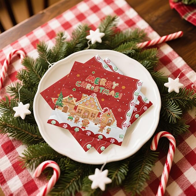 100Pcs Christmas Gingerbread Napkins, 13 x 13inch Snowflakes Xmas Luncheon Paper Napkin Red Santa Party Napkins for New Year Winter Holiday Christmas Party Supplies