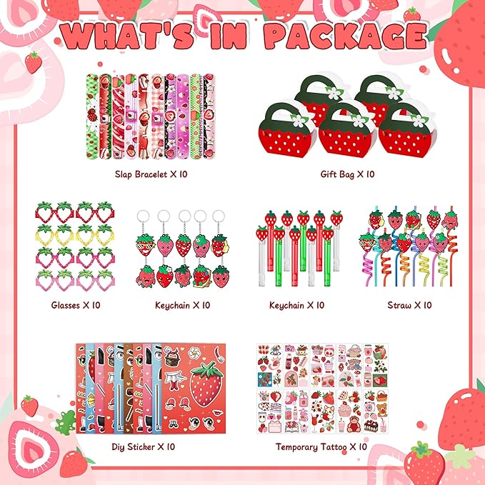WHALEISLAND Strawberry Party Favor Sweet Berry gift bag Stickers Stampers Keychain Paper Straws Gift Rewards for Kids Girls Birthday Supplies