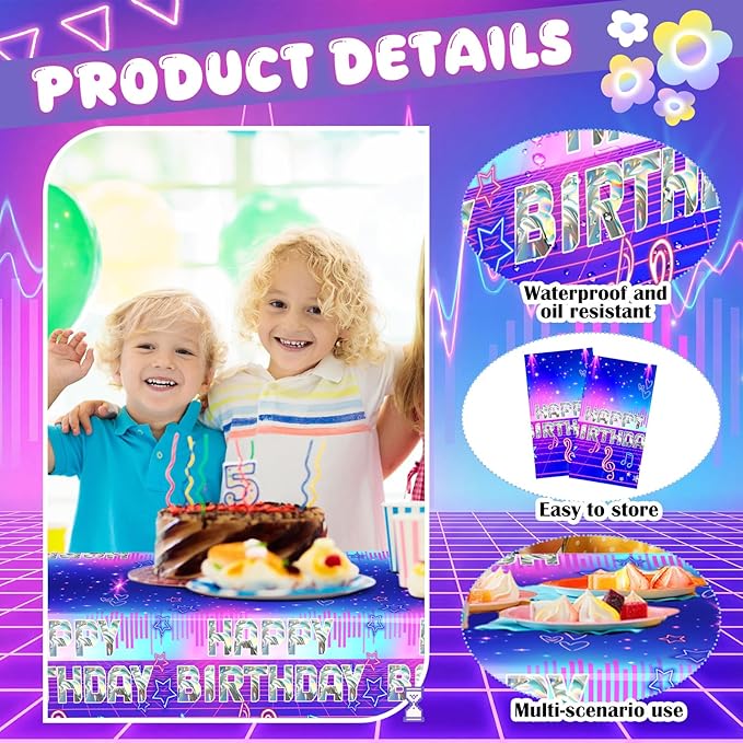 2 Pcs Birthday Party Decorations Plastic Cute Birthday Tablecloth 108 x 54 Inches Disposable Rectangle Tablecover for Boys Girls Kids Baby Shower Party Supplies (Music)