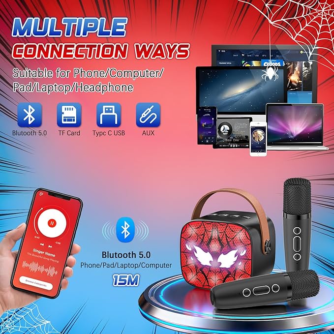 Spider Mini Karaoke Machine for Kids - TOP Karaoke Toys for 3 4 5 6 7 8 9 10 11 12+ Year Old Boys Girls, Portable Bluetooth Speaker with 2 Wireless Microphones, Kids Christmas Birthday Party Gifts(BK)