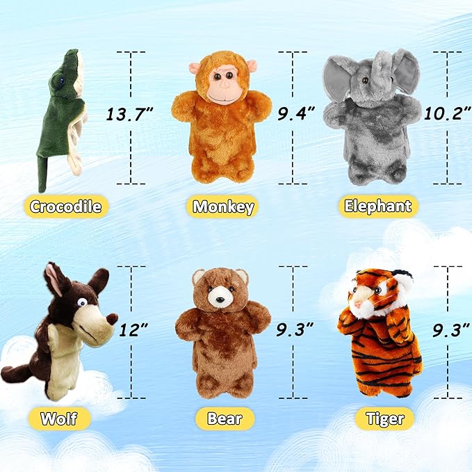 RIY Hand Puppets for Kids - Forest Friend Animals Educational Puppet, Set of 6(Bear, Elephant, Wolf, Tiger, Monkey, Crocodile)