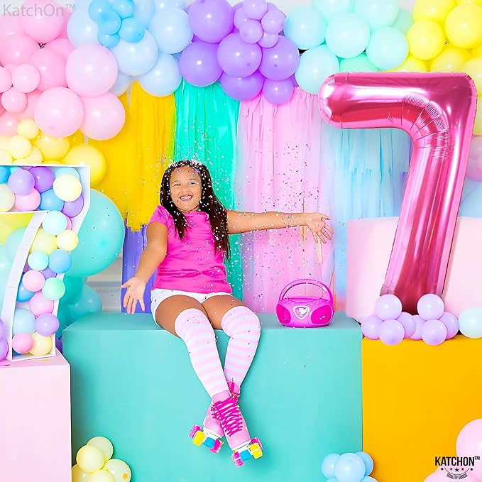 KatchOn, Giant Hot Pink Number 7 Balloon - 40 Inch | Pink 7 Mylar Foil Balloon For Happy Birthday Decorations | 7th Anniversary Decorations | 7th Birthday Party Supplies | Birthday Party Decoration