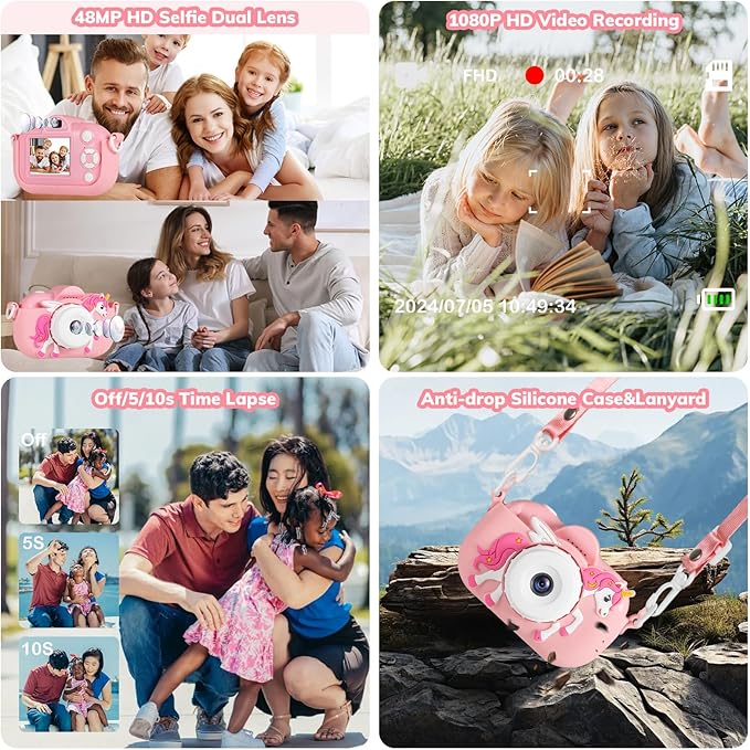 Kids Camera Toddler Toys for Girls, 3-12 Year Old Girl Birthday Gifts Toys, 48MP HD Kids Digital Camera for Kids, 1080P HD Video Toddler Camera Kid Toys Gifts for 3 4 5 6 7 8 9 10 Year Old Girls