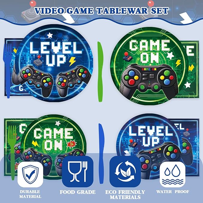 96 Pcs Video Game Plates and Napkins Tableware Set (Serve 24), Video Game Birthday Party Decorations, Party Supplies Include Plates Napkins Plastic Forks for Party