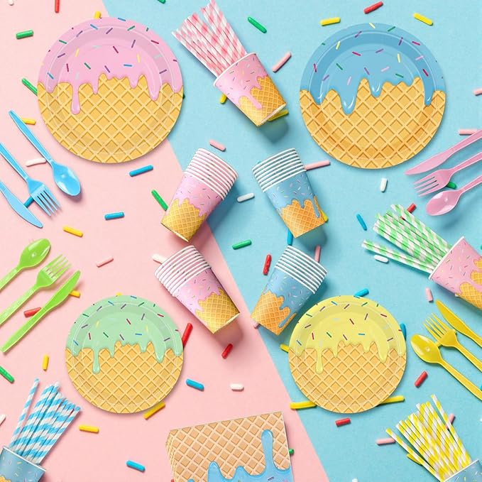 450 Pcs Ice Cream Tableware Set Decorations Summer Ice Cream Cone Paper Plates Napkins Cups Cutlery Straws for Sweet One Birthday Baby Shower Party Supplies, Serves 50