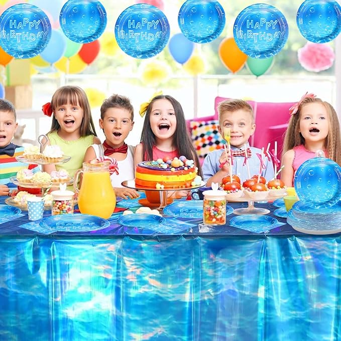 98 Pcs Ocean Themed Party Decor Birthday Ocean Bubble Plates Napkins Forks Tablecloths Disposable Ocean Blue Paper Tableware Set for Kids Boys Birthday Under the Sea Party Supplies Serves 24