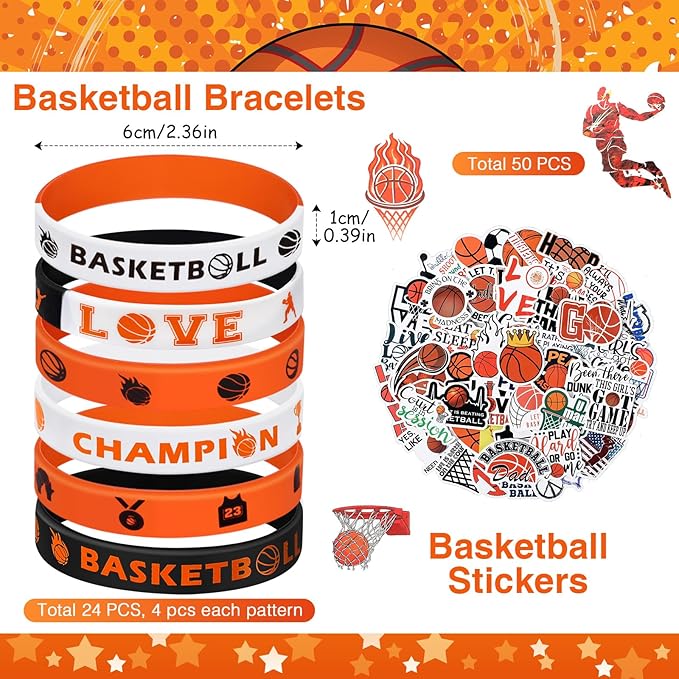Aoriher 194Pcs Basketball Party Favors Set 24 Silicone Bracelets 24 Charm Bracelets 24 Mini Basketball 24 Keychains 24 Non Woven Gift Goodie Bags 24 Erasers 50 Sticker for Sports themed Party Supplies