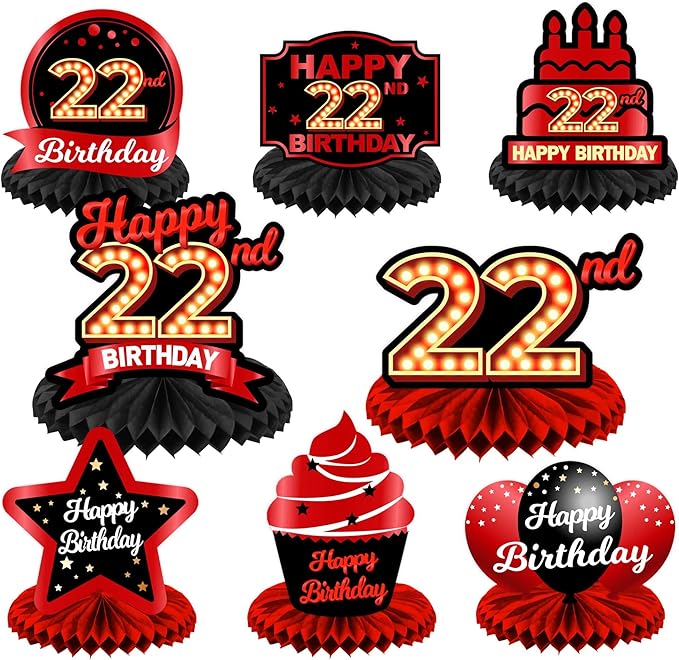 Happy 22nd Birthday Red and Black Table Honeycomb Centerpieces Balloons Theme Decor Table Decorations Table Toppers for Girls Women Princess 22 Years Old Birthday Party Bday Supplies Background Gold