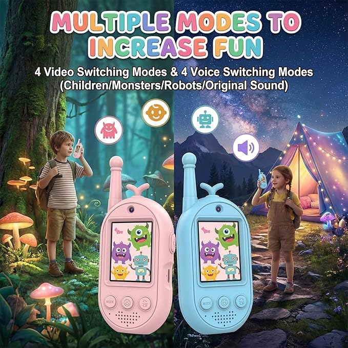 Video Walkie Talkies for Kids, Headband Emoji Function, 4 Voice Changing Switches, Hanging Rope Top-C Charging, Video Walkie Talkies (Blue+Pink, Suitable for Children Over 4 Years Old)