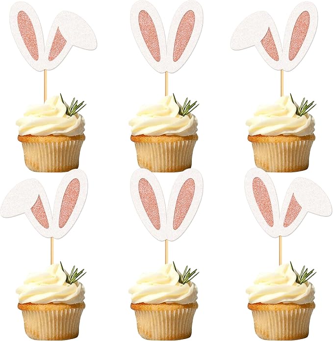 Ercadio 24Pcs Easter Bunny Ear Cupcake Toppers Glitter Rose Gold Rabbit Ears Cupcake Picks Easter Bunny Cupcake Toppers for Rabbit Kids Birthday Baby Shower Easter Wedding Anniversary Party Supplies