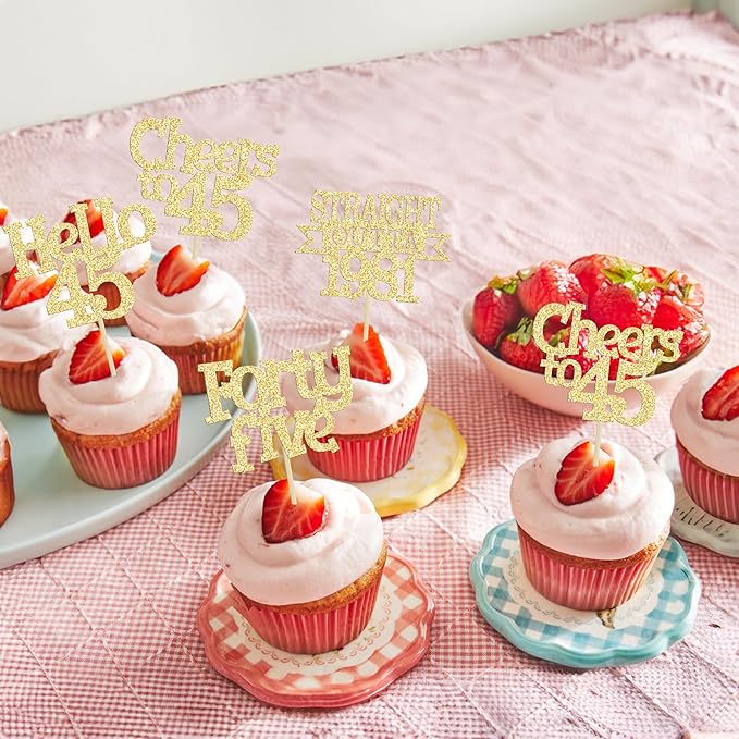 Ephlyn 24Pcs 45th Birthday Cupcake Toppers Glitter Straight Outta 1981 Cupcake Picks Hello 45 Cheers to 45 Years Cake Decorations for 45th Birthday Anniversary Party Decorations Supplies Gold