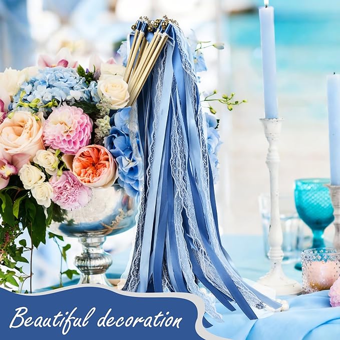 50Pcs Ribbon Sticks Wands Streamers with Bells Silk Fairy Stick Party Ribbon Streamers for Wedding Party, Birthday and Holiday Activities-Blue
