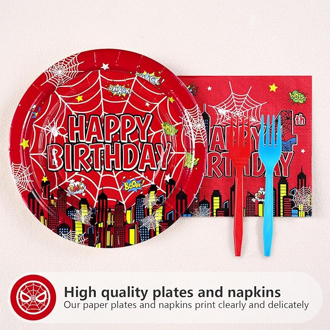 Grencian 96Pcs Spider 4th Birthday Party Supplies Red Blue Spider 4th Birthday Plates Disposable Cartoon Super Theme Hero Paper Tableware Set for Boys Kids Spider 4 Year Old Party Decorations Serve 24