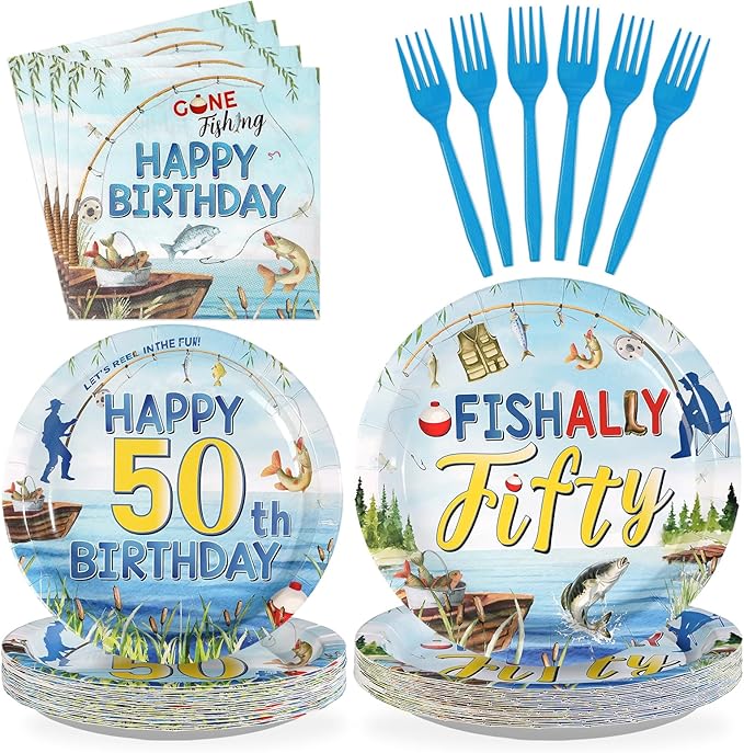 96Pcs Fishing 50th Birthday Party Decorations 50 Years Old Paper Plates and Napkins Disposable Gone Fishing Fifty Tableware Set for Fisherman Happy 50th Birthday Party Supplies, Serves 24