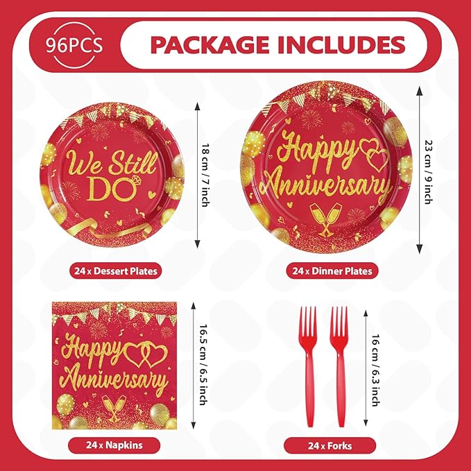 96Pcs Happy Anniversary Party Supplies Red Gold Wedding Plates and Napkins We Still Do Tableware Set for Men Women 40th 50th 60th Wedding Anniversary Party Supplies，Serves 24