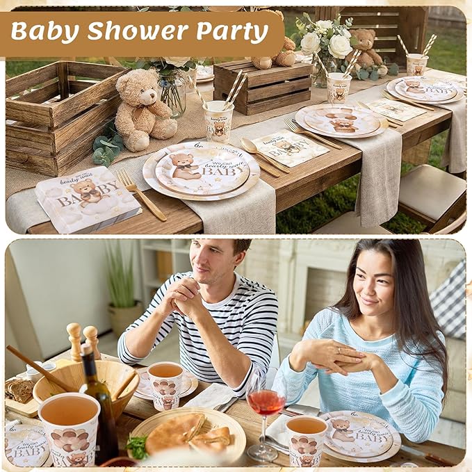 450 Pcs Brown Bear Baby Shower Tableware Set Decorations We Can Bearly Wait Paper Plates Napkins Cups Cutlery Straws for Boho Gender Neutral Reveal Birthday Party Supplies, Serves 50
