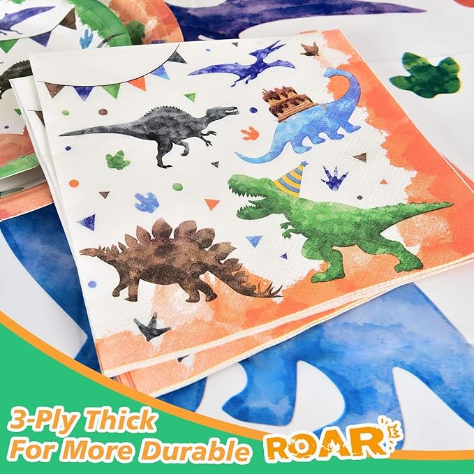 Watercolor Dinosaur Party Supplies - Disposable Dinosaur Party Tableware for Kids Boys Birthday Includes Luncheon Dinner Dessert Plates Napkins Paper Cups Serves 16 Guests 64 PCS