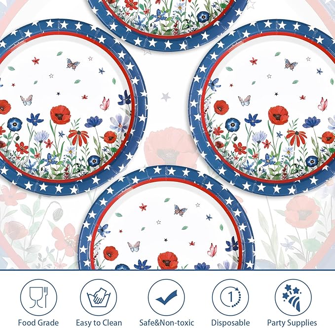 50Pcs Patriotic Paper Plates 10'' Large Heavy Duty Patriotic Veterans Day Platters Red White Blue Star Plates American Flag Theme Decor for USA 4th of July Memorial Day Birthday Party Decorations