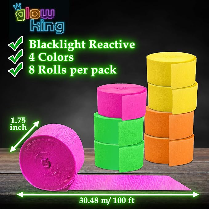 Glow King Black Light Streamers | 8 Pack of 100ft Fluorescent Rolls | Premium UV Reactive Neon Crepe Paper | Ideal Gift for Blacklight Birthday Decorations and Events | Glow in the Dark Party Supplies