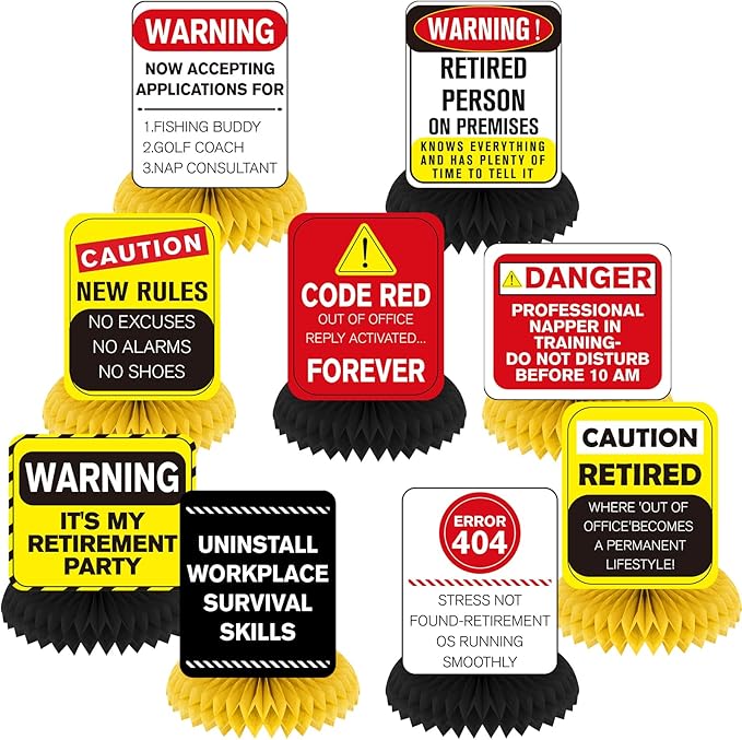 Funny Retirement Party Decorations 9Pcs Retirement Honeycomb Centerpieces for Women & Men Happy Retirement Table Centerpieces Caution Logos Sign for Office Coworker Farewell Going Away Party