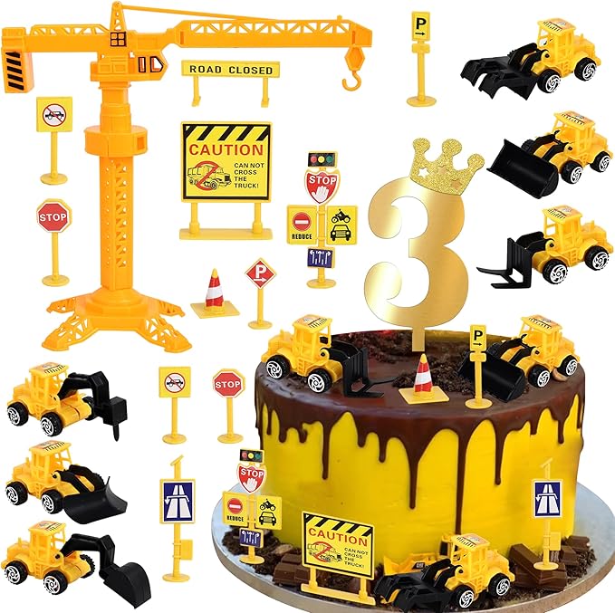 17 Pack Construction Vehicles Cake Toppers Set - Toy Road Sign, Tower, Digger, Cupcake Picks - Number 3 for Construction Theme Baby Shower, Kids 3rd Birthday Party Decorations Supplies