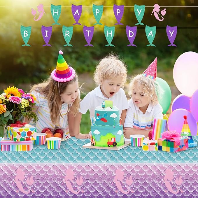 Jectivs 1Pcs Mermaid Birthday Party Tablecloth Decorations,Disposable Plastic Table Cover for Princess Under The Sea Baby Shower Themed Kids Birthday Party Supplies,108x54 Inch