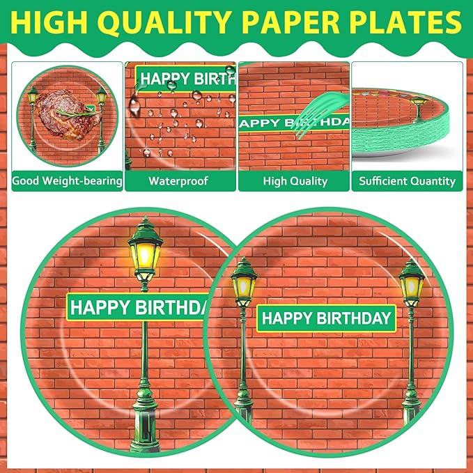 48Pcs Red Brick Wall Street Birthday Party Supplies 7" Modern Cartoon Street Paper Plates Disposable Dessert Plates Dinnerware Tableware for Birthday Baby Shower Kids Cartoon Theme Party Decorations