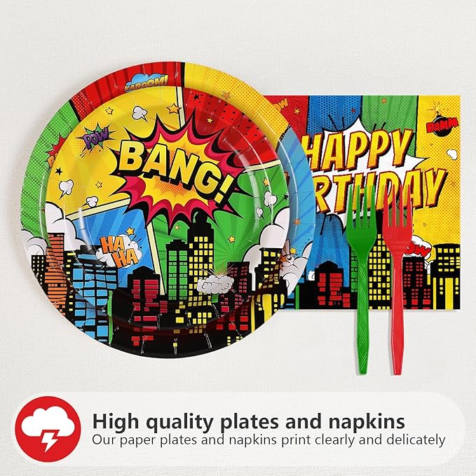 Grencian 96Pcs Super Theme Hero Party Supplies Hero's Action Sign Cityscape Plates and Napkins Tableware Sets Colors Comic Hero Decorations for Boys Cartoon Spider Birthday Favors Serve 24